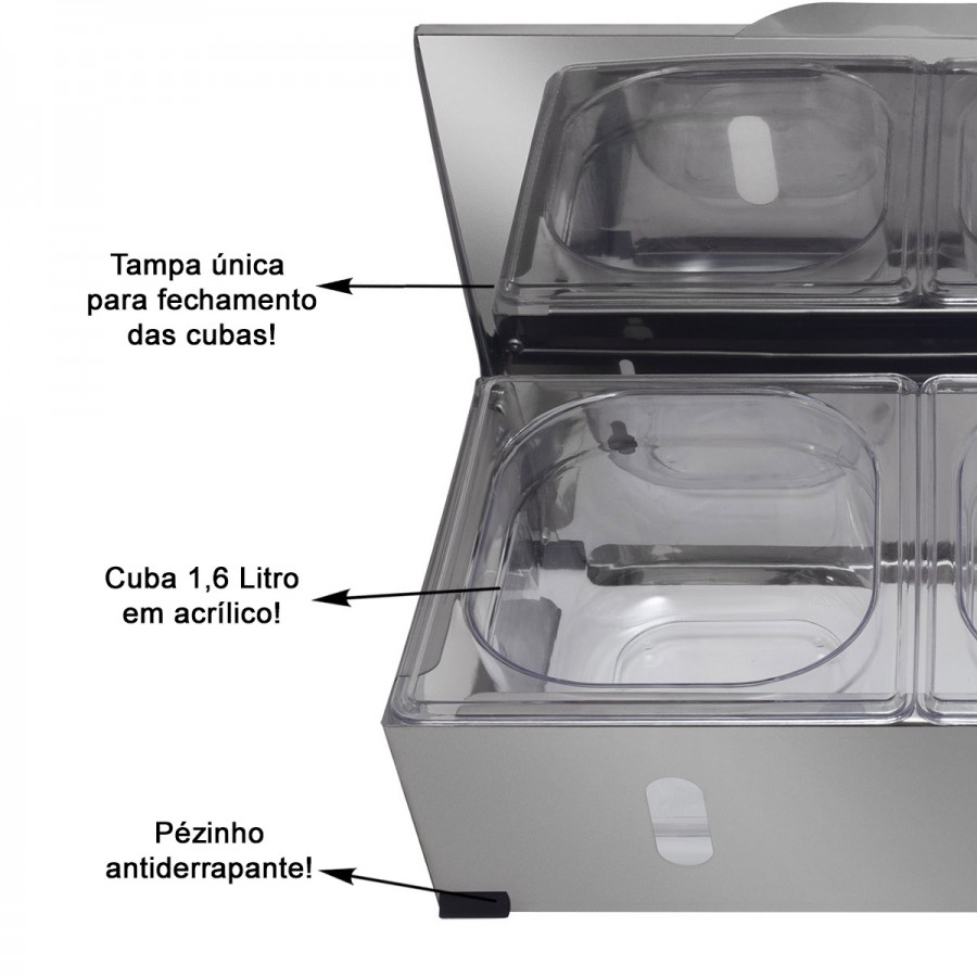 Condimentadora Pizzarola Inox 6 Cubas Acrílico Tampa Reta - Aisa